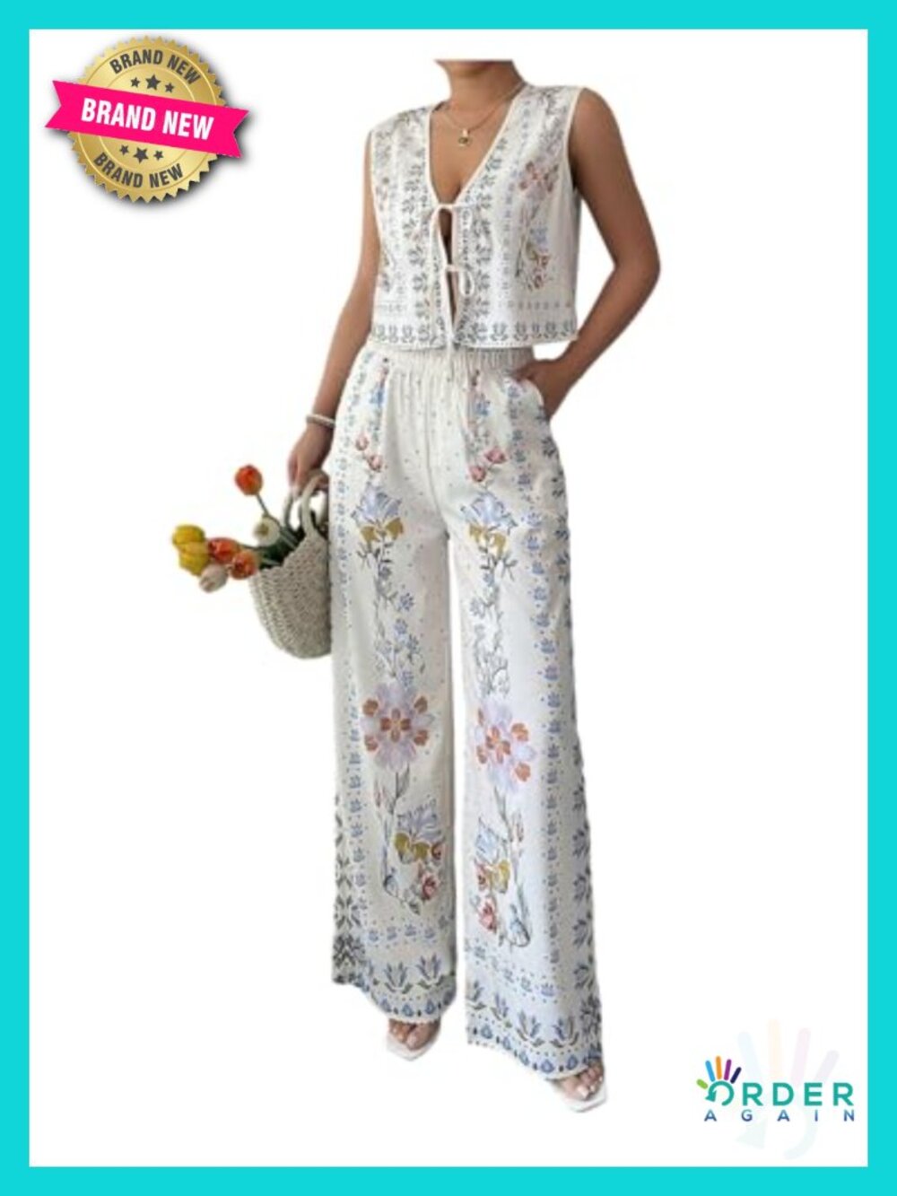 2 Piece Boho Floral Outfits Tie Front Tank with Wide Leg Pants Set